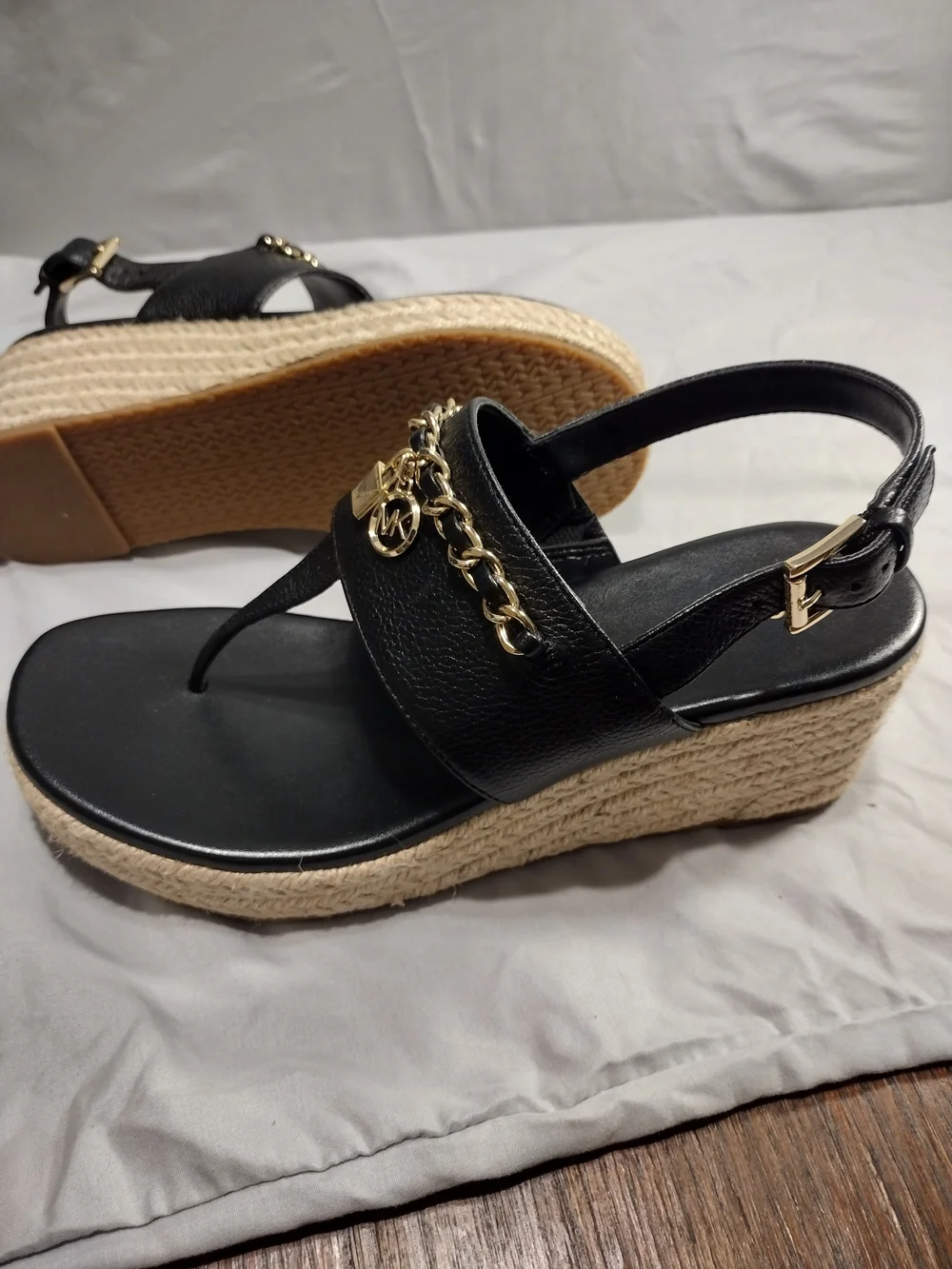 Michael Kors Black Leather Chain-Accent Espadrille Sandals